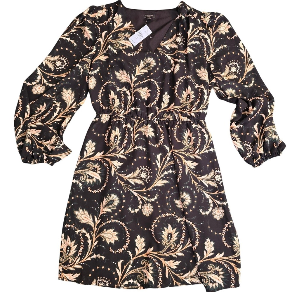 Ann Taylor Womens M Petite Black Floral Print Long Sleeve Dress Lined Flowy NWT